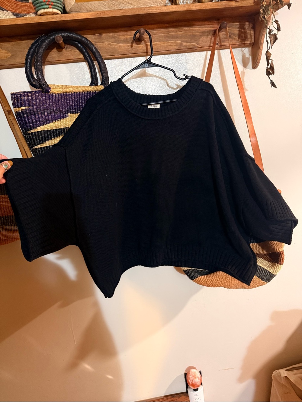a.n.a Black Boxy Short-Sleeve Crewneck Sweater